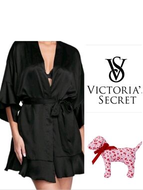 Bundle Victoria’s Secret Black Satin Robe + Cherry Dog Gift Set